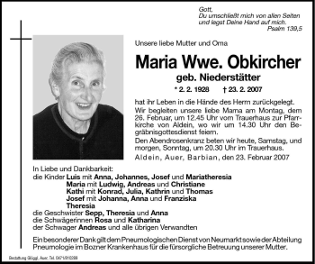 Traueranzeigen Von Maria Obkircher Trauer Bz