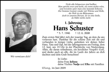 Traueranzeigen Von Hans Schuster Trauer Bz