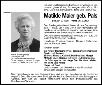 Traueranzeigen Von Matilde Maier Trauer Bz