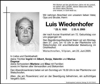 Traueranzeigen Von Luis Wiedenhofer Trauer Bz