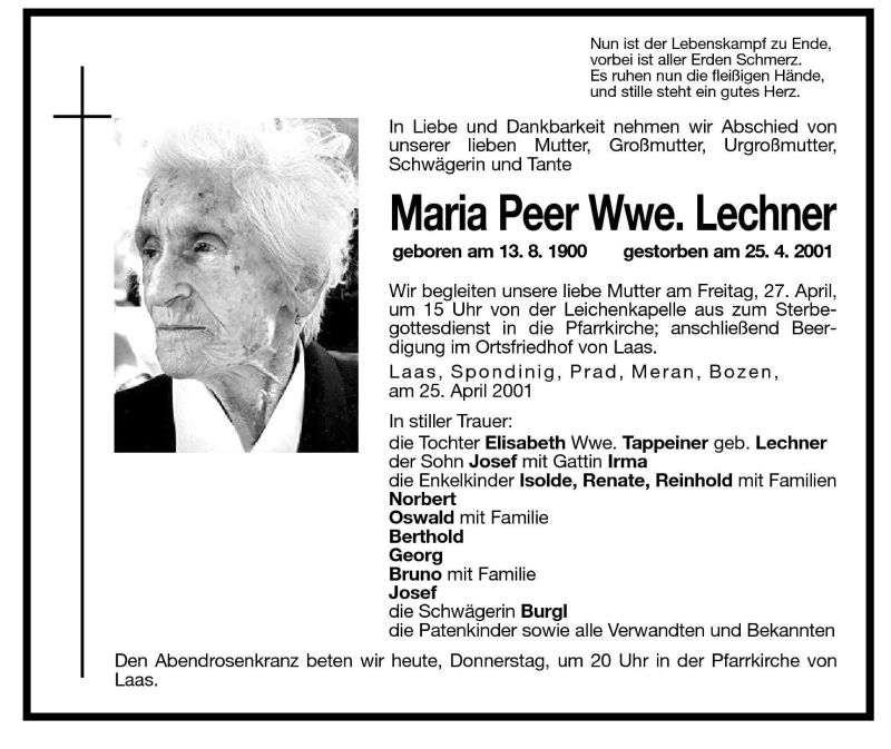 Traueranzeigen Von Maria Lechner Trauer Bz