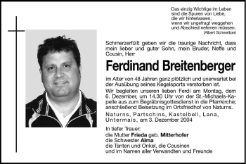 Traueranzeigen Von Ferdinand Breitenberger Trauer Bz