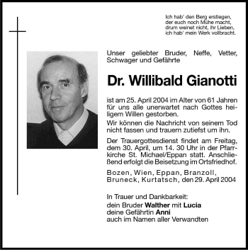 Traueranzeige von Willibald Gianotti von Dolomiten