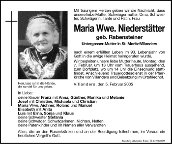 Traueranzeigen von Maria Niederstätter Trauer bz