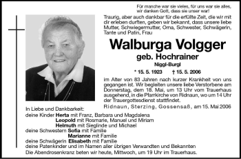 Traueranzeige von Walburger Volgger von Dolomiten