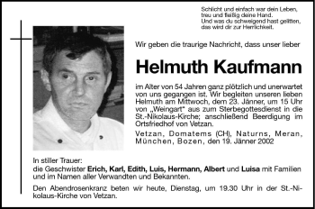 Traueranzeigen Von Helmuth Kaufmann Trauer Bz