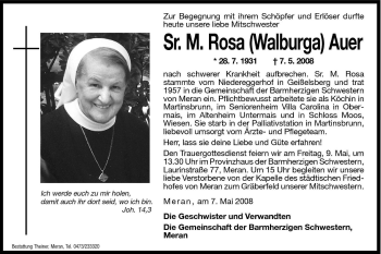 Traueranzeigen Von Rosa Walburga Auer Trauer Bz