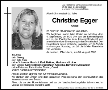 Traueranzeigen Von Christine Egger Trauer Bz