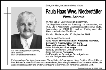 Traueranzeigen Von Paula Haas Niederst Tter Trauer Bz