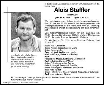 Traueranzeigen Von Alois Staffler Trauer Bz