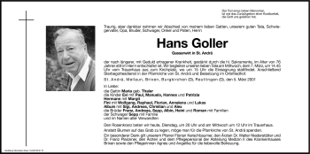 Traueranzeigen Von Hans Goller Trauer Bz