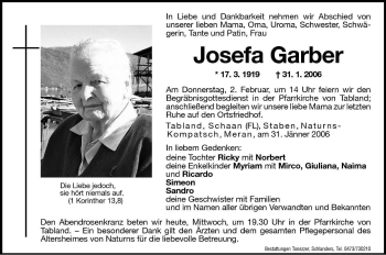 Traueranzeigen Von Josefa Garber Trauer Bz