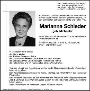 Traueranzeigen Von Marianna Schieder Trauer Bz