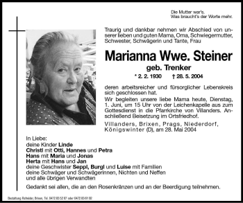 Traueranzeigen Von Marianna Steiner Trauer Bz