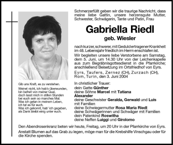 Traueranzeigen Von Gabriella Riedl Trauer Bz