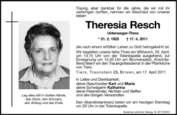 Traueranzeigen Von Theresia Resch Trauer Bz