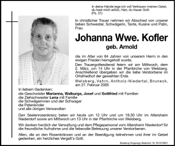 Traueranzeigen Von Johanna Kofler Trauer Bz