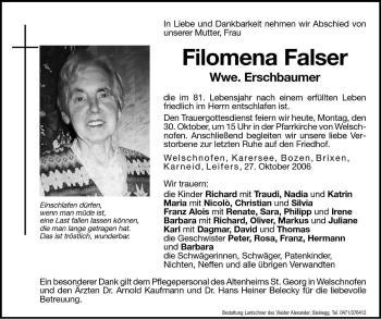 Traueranzeigen Von Filomena Erschbaumer Trauer Bz