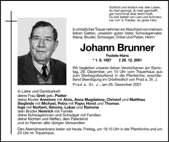 Traueranzeigen Von Johann Brunner Trauer Bz