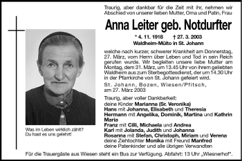 Traueranzeigen Von Anna Leiter Trauer Bz