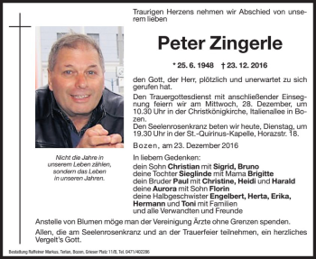 Traueranzeigen Von Peter Zingerle Trauer Bz