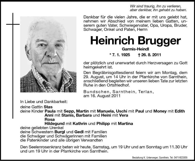 Traueranzeigen Von Heinrich Brugger Trauer Bz