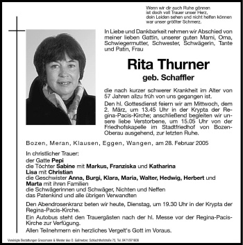 Traueranzeigen Von Rita Thurner Trauer Bz