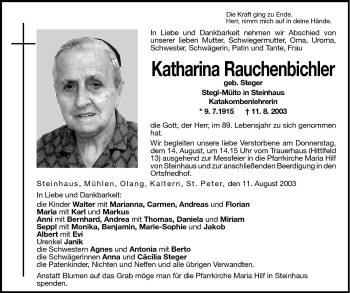 Traueranzeigen Von Katharina Rauchenbichler Trauer Bz