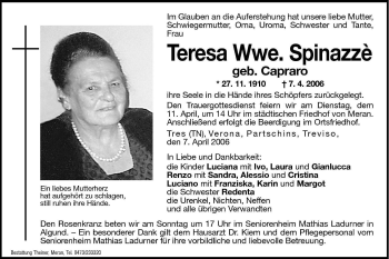 Traueranzeigen Von Teresa Spinazze Trauer Bz