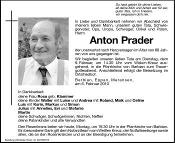 Traueranzeigen Von Anton Prader Trauer Bz