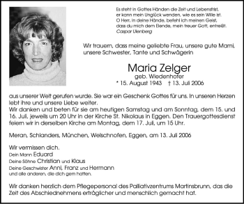 Traueranzeigen Von Maria Zelger Trauer Bz