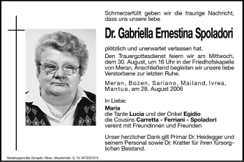 Traueranzeigen Von Gabriella Ernestina Spoladori Trauer Bz