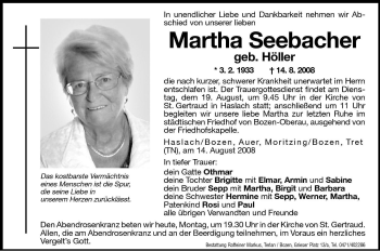 Traueranzeigen Von Martha Seebacher Trauer Bz