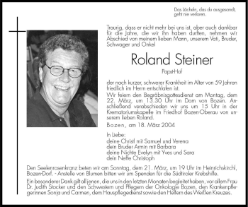 Traueranzeigen Von Roland Steiner Trauer Bz