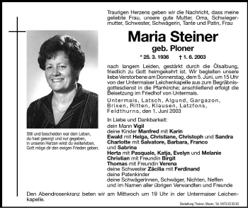 Traueranzeigen Von Maria Steiner Trauer Bz