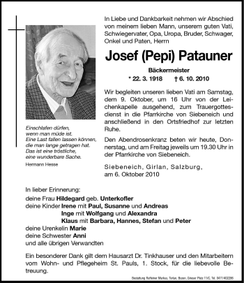 Traueranzeigen Von Josef Pepi Patauner Trauer Bz