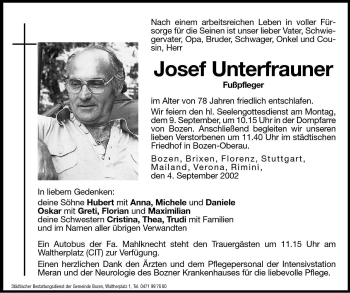 Traueranzeigen Von Josef Unterfrauner Trauer Bz