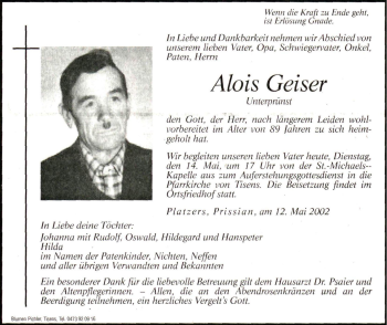 Traueranzeigen Von Alois Geiser Trauer Bz