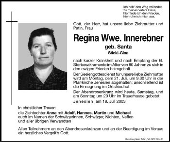 Traueranzeigen Von Regina Innerebner Trauer Bz