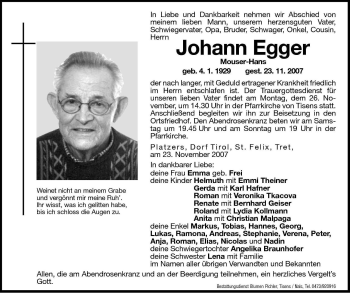 Traueranzeigen Von Johann Egger Trauer Bz