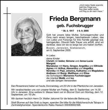 Traueranzeigen Von Frieda Bergmann Trauer Bz