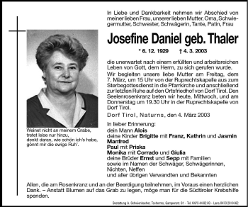 Traueranzeigen Von Josefine Daniel Trauer Bz