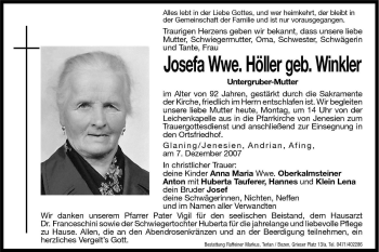 Traueranzeigen Von Josefa H Ller Trauer Bz