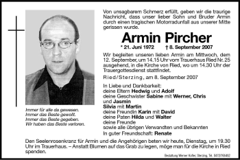 Traueranzeigen Von Armin Pircher Trauer Bz