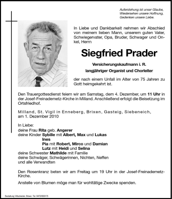 Traueranzeigen Von Siegfried Prader Trauer Bz