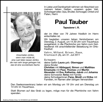 Traueranzeigen Von Paul Tauber Trauer Bz