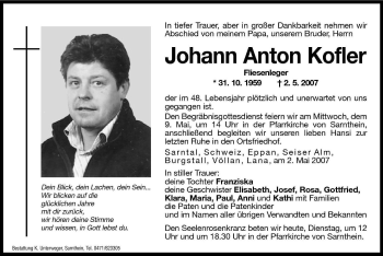 Traueranzeigen Von Johann Anton Kofler Trauer Bz