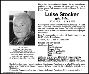 Traueranzeigen Von Luise Stocker Trauer Bz