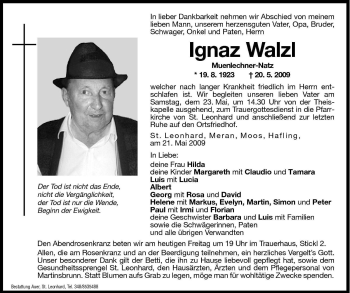 Traueranzeigen Von Ignaz Walzl Trauer Bz