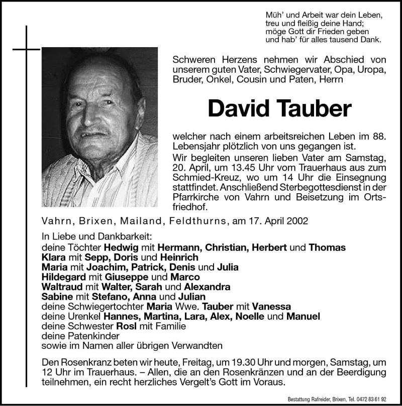 Traueranzeigen Von David Tauber Trauer Bz